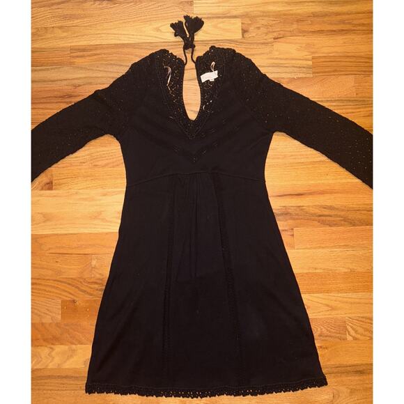 Odd Molly Anthropologie Black Knit Dress Long Sleeve Size 2 Crochet Detail BOHO - Picture 3 of 9